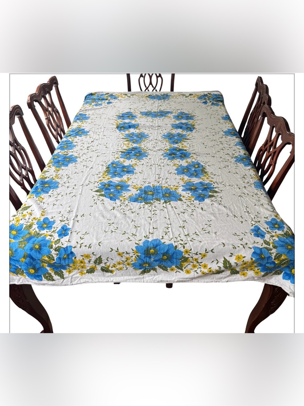 Vintage Blue Floral Tablecloth Rectangle 58 x 78”